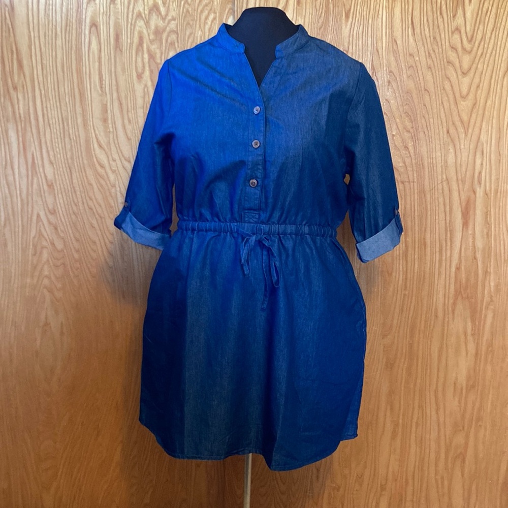 Robert Lewis summer light denim midi shirtwaist dress cuff sleeve, button up 2X